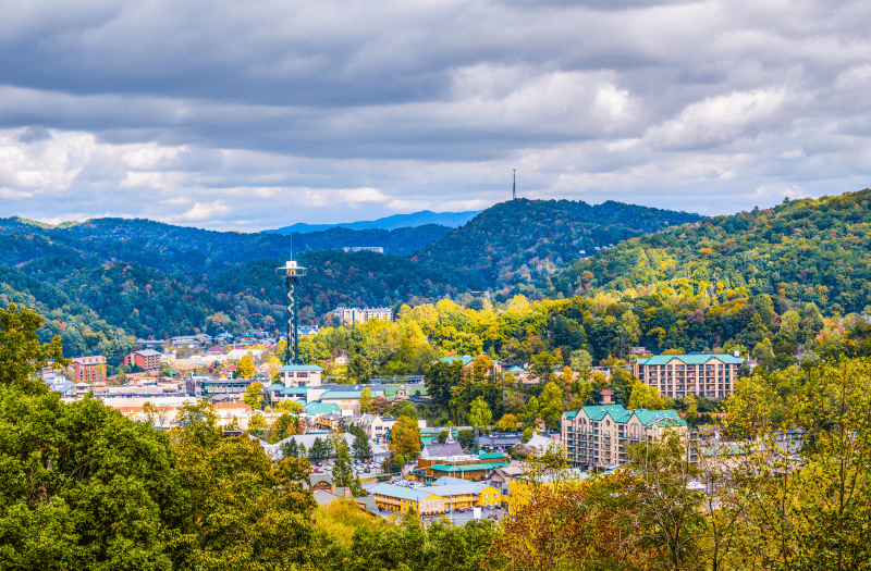 View of a town surrounded by forested mountains with a clear sky in the background