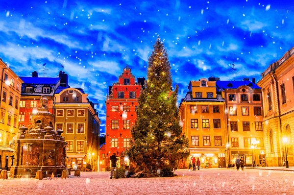 Christmas tree in a square surrounded by buildings