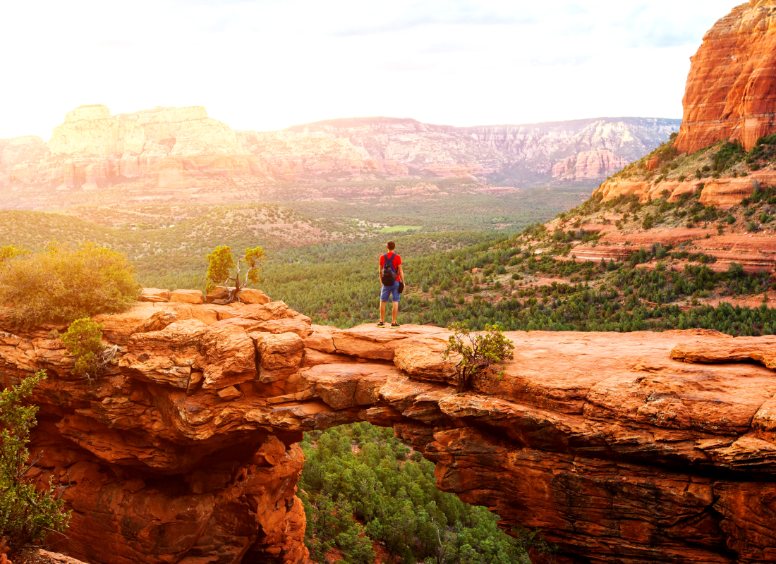 A man standing atop of canyon rocks looking into the distance.